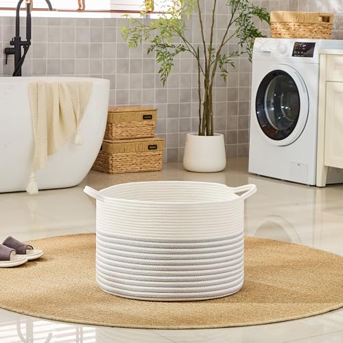Image of KAKAMAY Cotton Rope Storage Basket (20 inchx13 inch),Woven Hamper for Blankets,Toys,Pillows,Clothes,Laundry,Sturdy Handles Decorative Basket for Living Room, Bedroom,Nursery(Grey /Beige)