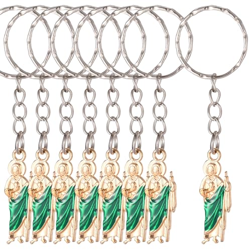 Jiali Q 12pcs Vintage Green Enamel St. Jude Keychains - Stainless Steel, Fashionable Bag Charms & Gifts for Friends (GOLD)