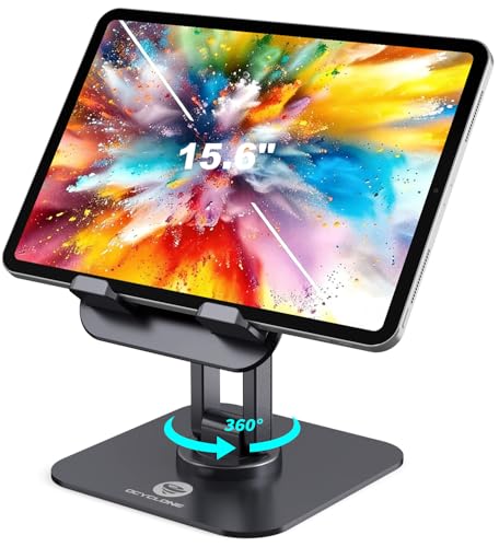 OCYCLONE iPad Stand, 360° Rotating Adjustable Foldable iPad Tablet Holder for Desk Compatible with Kindle Tablet iPad 4' - 15.6' Portable Monitor Stand, Black