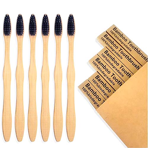 Bamboo Toothbrush Charcoal Toothbrushes Soft Natural Biodegradable Eco-Friendly Wooden Organic BPA Free Bristles Vegan Compostable （6 Pack ）