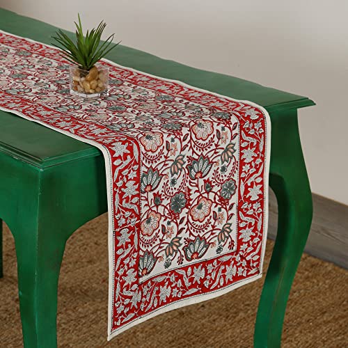 Image of Ravaiyaa - Attitude is Everything Hand Block Printed Cotton Table Runner | Floral Printed Table Runner for Home Decor, Kitchen | 60 x 16 Inch-(Grey Red Floral)