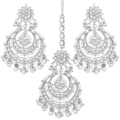 Image of Peora Traditional Jewellery Rhodium Kundan & Pearl Maang Tikka Earring Set for Women Girls