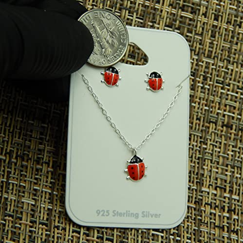 ICYROSE 925 Sterling Silver set Tiny Red Ladybug Necklace and Stud Earrings (Nickel Free)2