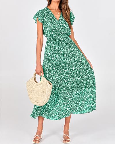 Image of BTFBM Women Summer Bohemian Floral Casual Wrap V Neck Ruffle Cap Sleeveless Belt A-Line Pleated Hem Midi Sun Dress White