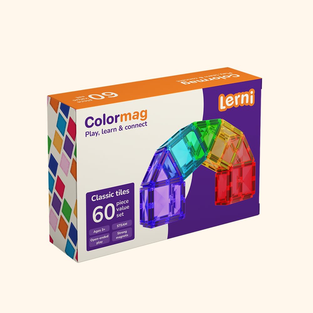 LERNI COLORMAG Magnetbausteine 60 Teile – Magnetisches Konstruktionsspielzeug für Kinder ab 3 Jahren, Mint Lernspielzeug mit Ideenheft, Klassische Farben