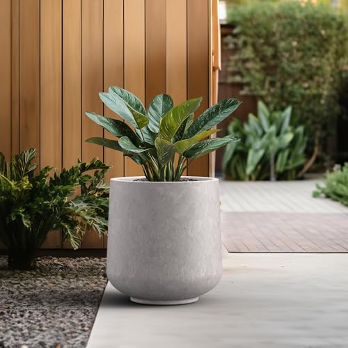 Image of Kante Large Round Curved CON Gray Concrete Planter 16.5 inch Dia, Outdoor | Rubber Plug for Indoor, Drainage for Garden, All-Weather Cement Tree Pot, Handcrafted, Anti-Frost & UV, Modern Home Decor