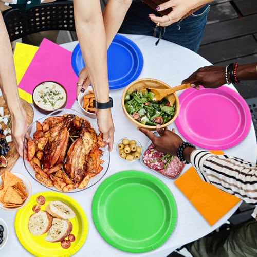 Image of CMUSKO Glow in the Dark Party Supplies - 60Pcs Neon Party Plates & Napkins Set 80s Neon Let's Glow Themed Tableware for Birthday