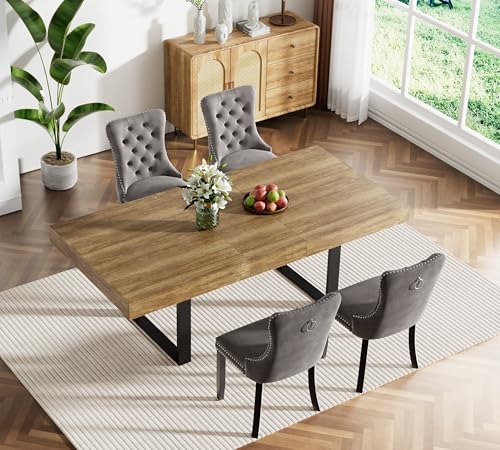 Image of Brown Dining Room Table Set for 4, 5-Piece 63 inch-78.74 inch Extendable Dining Table Set with 4 Upholstered Chairs, Rectangle Wooden Expanding Kitchen Table and Grey Chairs Set