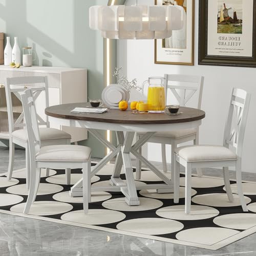 Image of 5-Piece Extendable Dining Set, Retro Kitchen Table for 4 6 People with Removable Middle Leaf and 4 Upholstered Chairs, Round Dining Table for Kitchen, Dining Room, White Brown