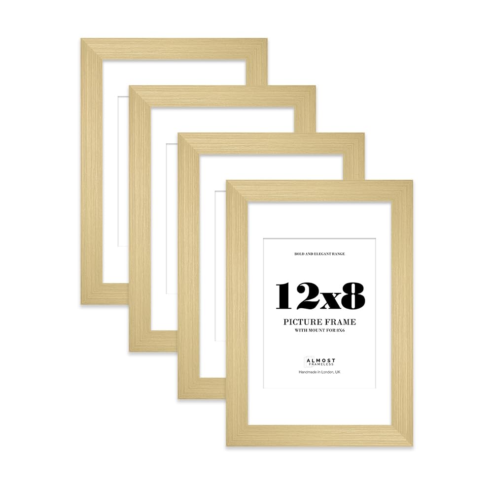 12x8 Gold Frame With Mount for 8x6 Pictures 28mm Edge Portrait and Landscape Display with Wall Hooks and Kickstand, 4 Pack