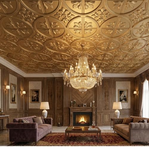 Image of Kayra Decor Waterproof 3D PVC Ceiling Panels (2x2 Feet) - Anti-Dampness & Heat Resistant False Ceiling Tiles - Durable Alternative to POP & Gypsum - Pack of 18 - Champagne Gold