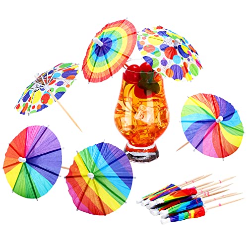 Hoolerry 150 Pcs Rainbow Drink Umbrellas Cocktail Picks Cupcake Toppers Cocktail Umbrellas Sticks Rainbow Paper Colorful Toothpicks for Luau Parasols Hawaiian Tiki Hotel Summer Party Bar Decorations