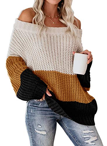 Image of VIMPUNEC Womens Off Shoulder Color Block Sweater Oversized Pullover Top
