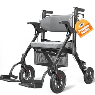 VOCIC Rollator-Walkers-for-Seniors-with-Seat, Walker Wheelchair Combo, Transport-Wheelchair-Lightweight-Foldable, Adult Walkers All Terrain, 2 in 1 Rolling Walker Chair with Brakes & Pouch