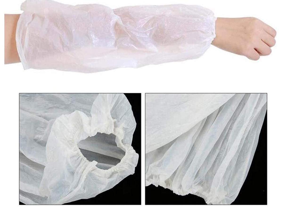 100 pezzi Coprimaniche in Polietilene Impermeabile Monouso Bianchi Con Elastico su Ambo i Lati Lunghezza 40 cm