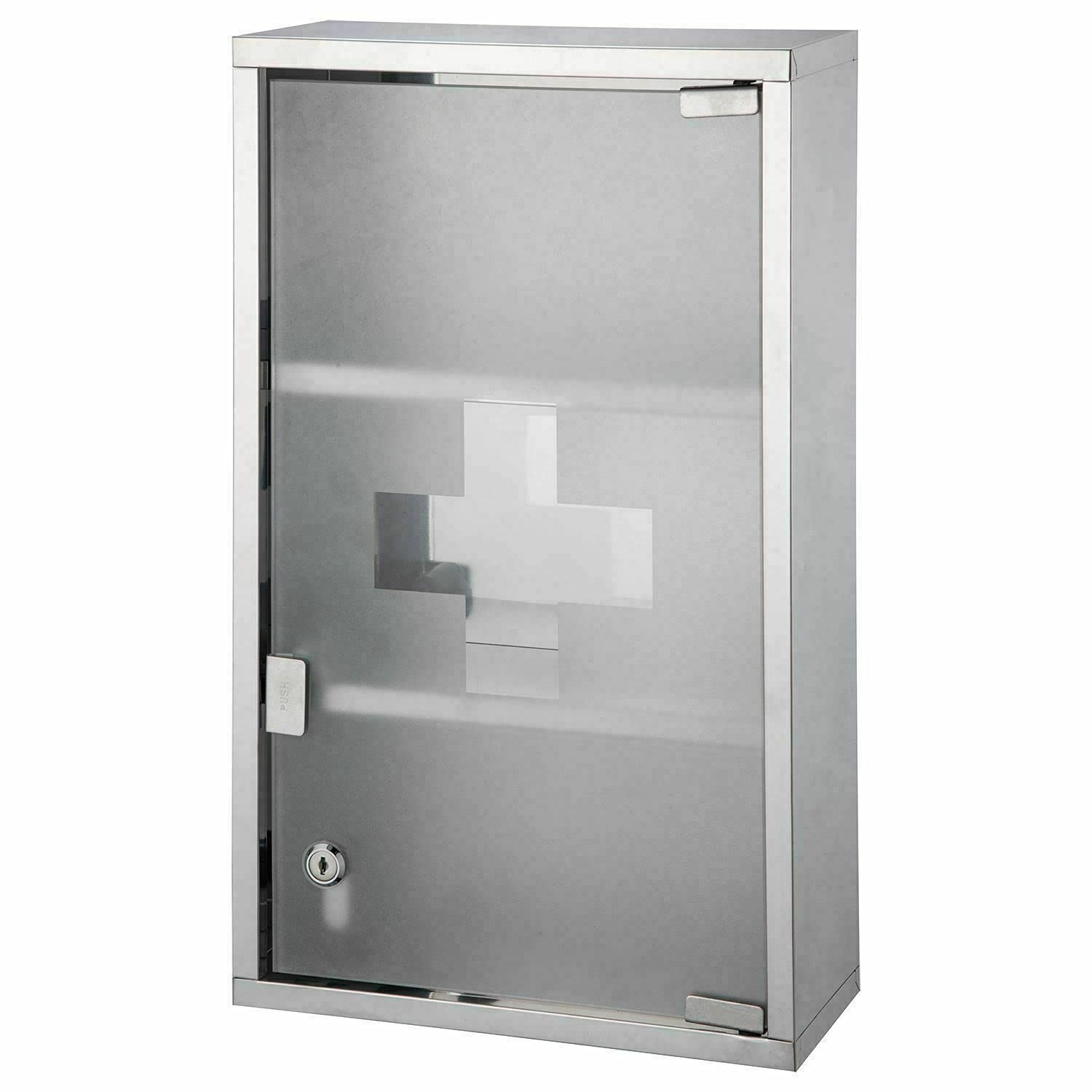 HZ ENTERPRISES New Stainless Steel Wall Mounted Lockable Medicine Cabinet First Aid Box With Shelves & Frosted Glass Door Available in 2 Sizes (3 Tier Wall Mounted Medicine Box)