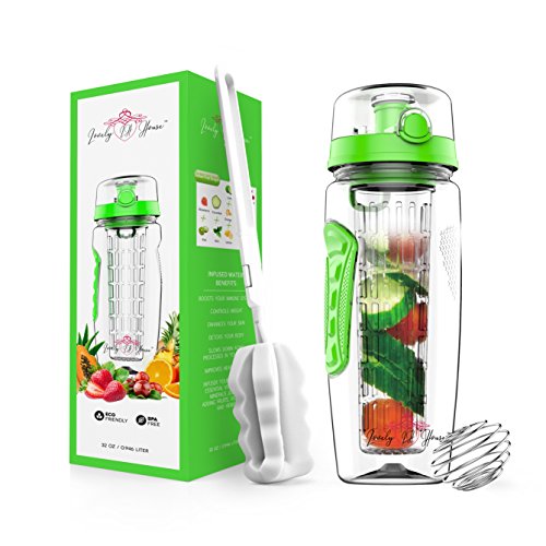 Fruit Infuser Water Bottle 32 oz: Flavored Water & Tea Infusion for Hydration, Protein Shake Sports Container, Leak-Proof Lid, Long Infuser Basket – with Sleeve, Cleaner Brush & Mix Ball
