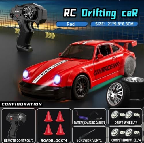 Image of RC Drift Car 4WD High-Speed Remote Control Car with LED Lights 2.4GHz Rechargeable Drift Racing Car with Extra Tires & Cones Toy for kids [Colors as Per Stock] (P-orsce RC Drift -Multicolor)