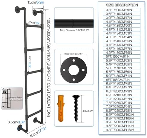 Emergency Egress Ladder for Window Well - 330LBS Load Capacity, Black Metal Wall-Mounted Climbing Ladder, Customizable Size for Loft & Bunk Beds, Durable Iron Round Pipe Design.