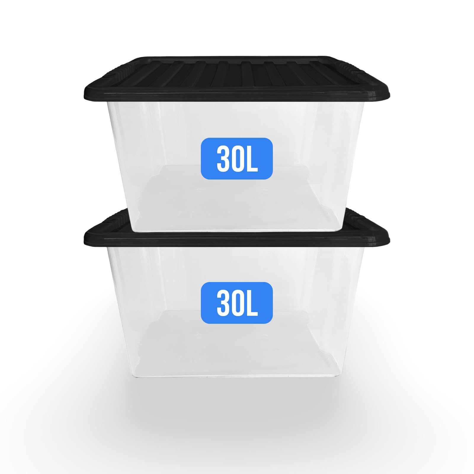 KAPCO Stackable Storage Boxes with Lids (30L, 2-Pack) | Clear Plastic Containers for Toys, Clothes, Shoes | Heavy-Duty Tub for Home, Office, Garage, Loft Storage Solution | Secure Snap-On Black Lid