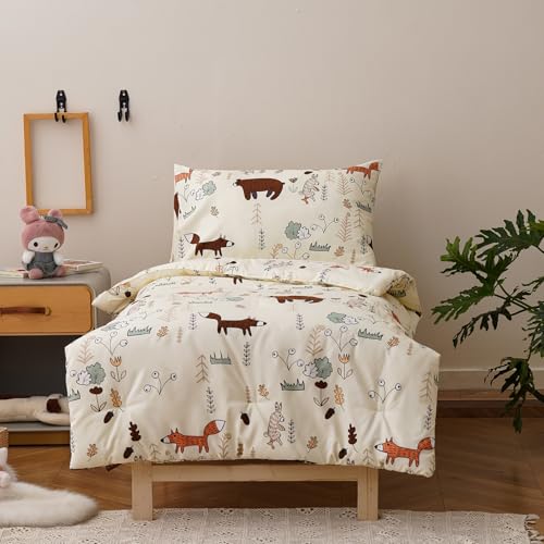 Image of Luxlovery Toddler Comforter Set Cartoon Bear Printed Kids Children Yellow Bedding Set Bed Set for Dorm Kid's Bedroom 4 Pieces (1 Comforter, 1 Flat Sheet, 1 Fitted Sheet, 1 Pillowcase)