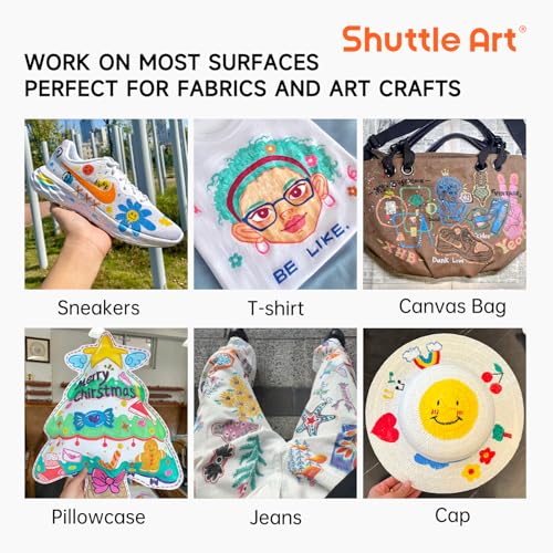 Image of Shuttle Art 36 Colors Fabric Markers, Permanent Markers for T-Shirts Clothes Sneakers Jeans with 11 Stencils 1 Fabric Sheet, Permanent Shirt Pens for Adult DIY Painting Writing