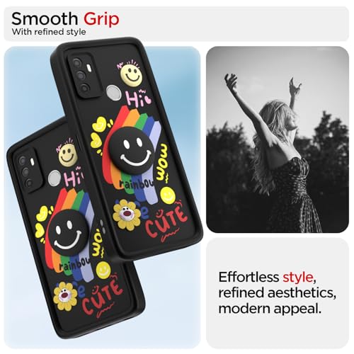 Image of Pikkme Back Cover for Oppo A53 | Soft Silicone| Cute Rainbow Smile & 3D Cartoon Flower Design | Shockproof Raised Camera Protection Bumper Case (Black)