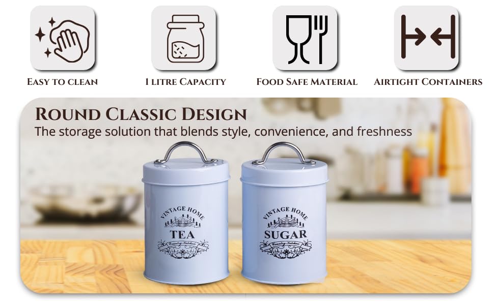Image of Metallure Home Round Classic Tea Sugar Container Set of 2 | Metal Container for Kitchen Storage | Airtight Jar Set | Food-Safe Tea & Sugar Jars for Kitchen (White)