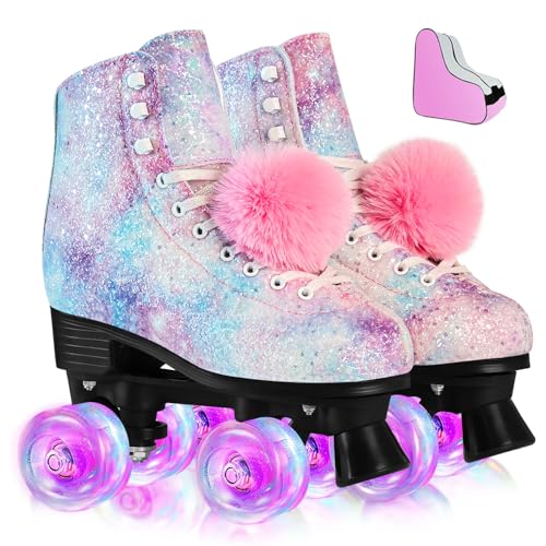 LEVYTEMP Roller Skates for Women, Men Light-Up Wheels Double-Row Rollerskates High-Top PU Leather Classic Designs Glitter Skate Shoes for Girls Beginners with a Shoes Bag Size 7 Indoor Outdoor