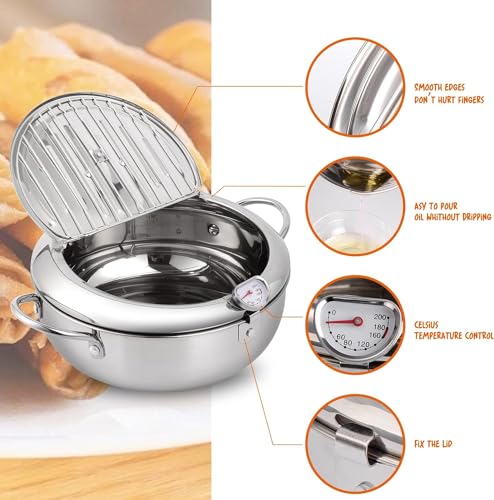 Image of Deep Fryer Pot,Oxydrily Japanese Tempura Deep Fryer Stainless Steel Frying Pot With Thermometer