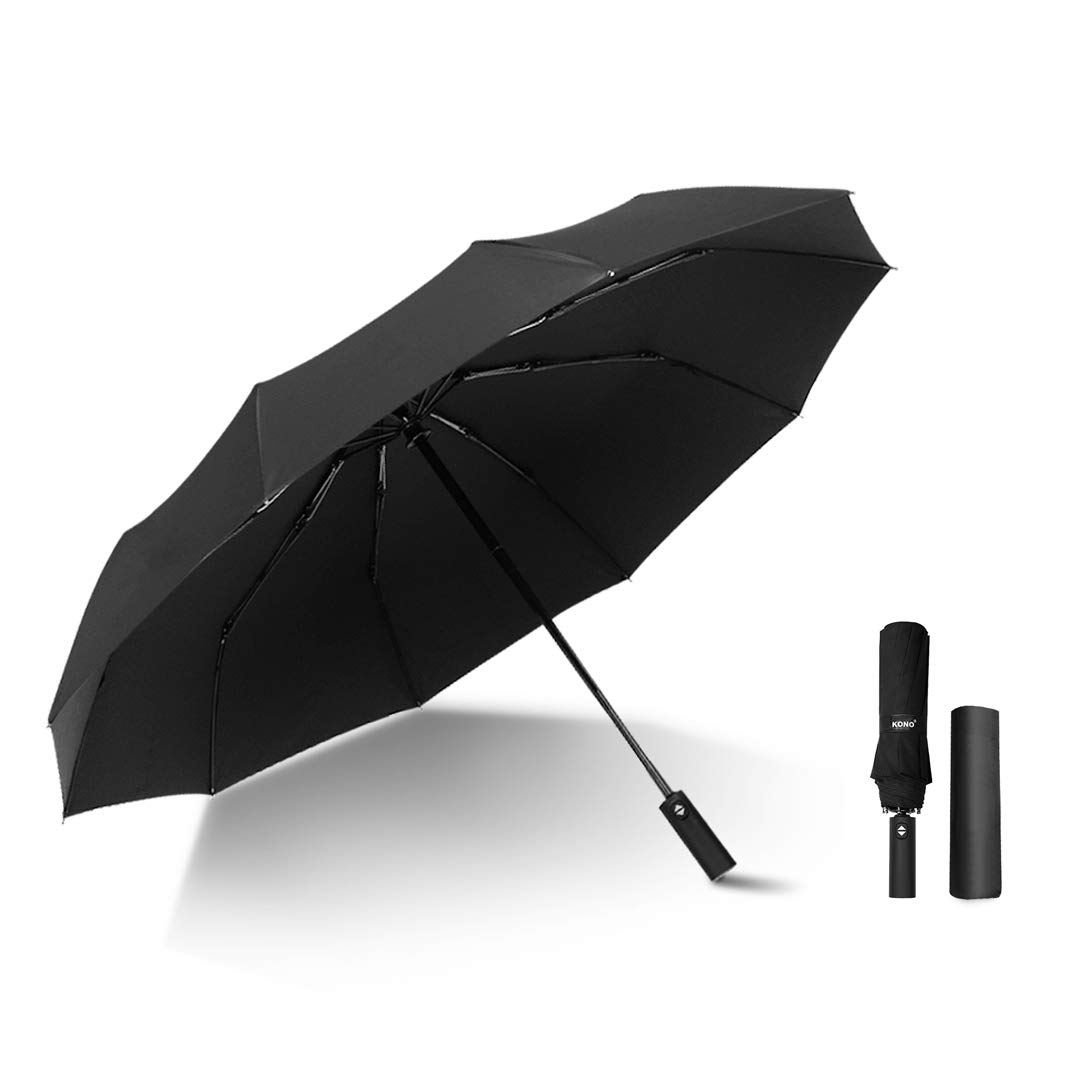 Kono Travel Windproof Umbrella Automatic Open Umbrellas with 10 Ribs Folding Rain Umbrella (Black)