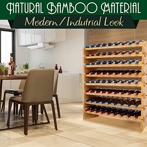 Serenelife 72 Bottle Stackable Wine Rack, 33.5" X 10" X 42" 8-Tier Large Floor Freestanding Modular Storage Display Shelf Natural Bamboo Wood Construction For Kitchen And Cellar, Brown #TOP2