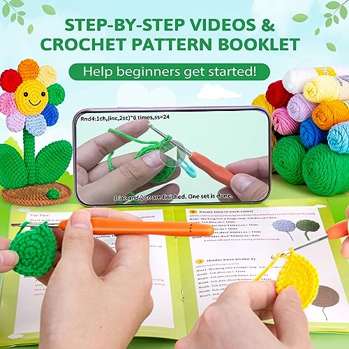 Image of Crochetta Crochet Kit for Beginners, Crochet Kit w Step-by-Step Video Tutorials, Crochet Starter Kit Learn to Crochet Kits for Adults Kids Beginners, 2 Sunflower Phone Holders (40%+ Yarn Content)