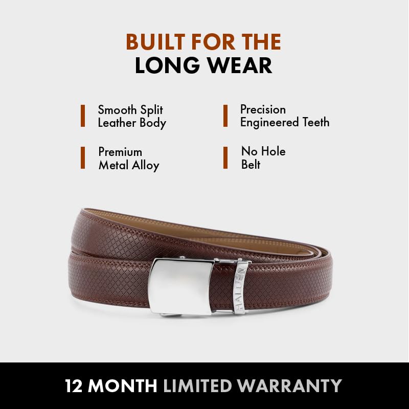 Image of HALDEN THEO Brown Belt For Men Leather Original (Adjustable Fits Up to 44 Inch Waist) Ratchet Strap with Classic Buckle & Magnetic Auto-lock
