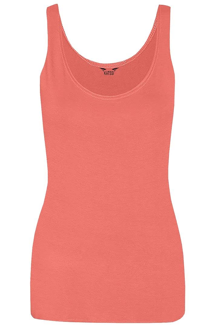 New Ladies Women Solid Wide Shoulder Tall Vest Scoop Neck Tank Top Coral