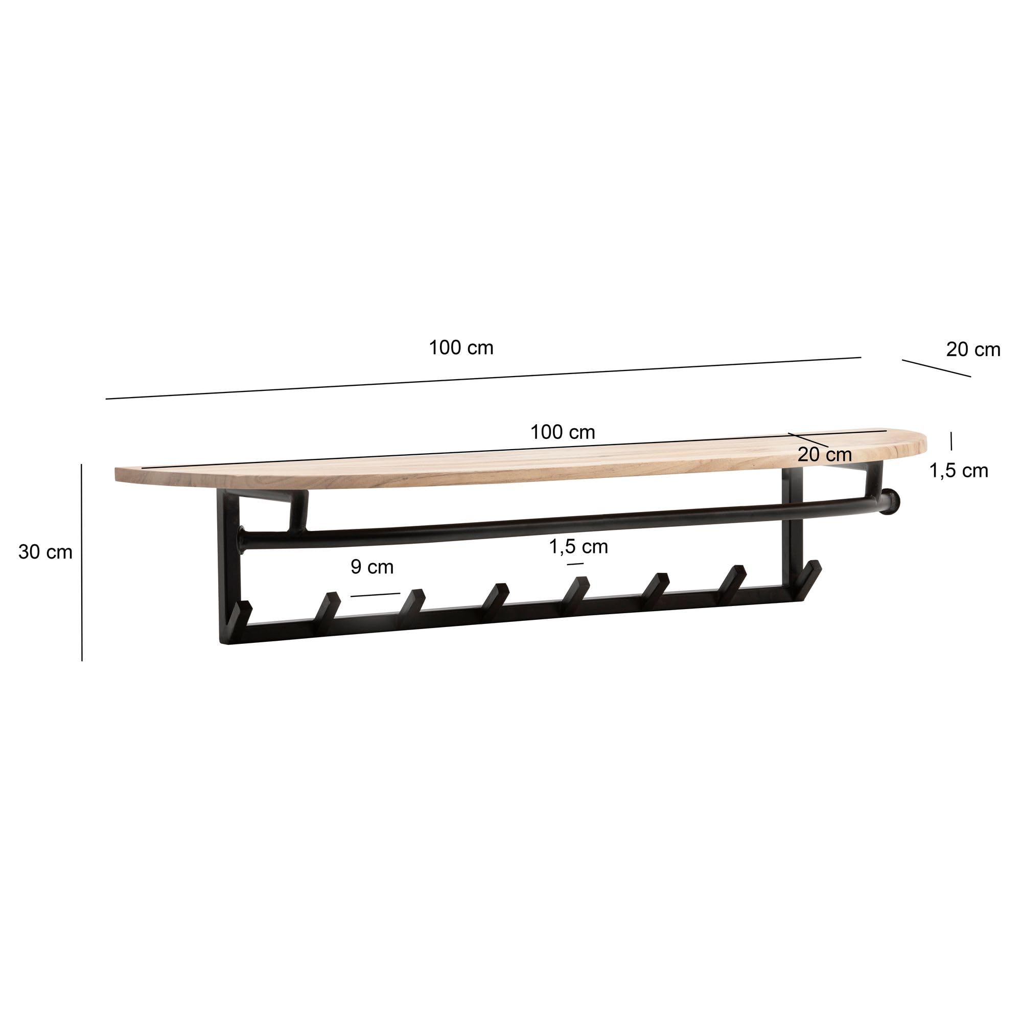 FineBuy Wieszak Ścienny 100x20x30 cm Akacja Masyw z Półką na Kapelusze | panel garderobiany industrialny z haczykami, półka na kapelusze i torby, listwa z haczykami z drewna z naturalną krawędzią