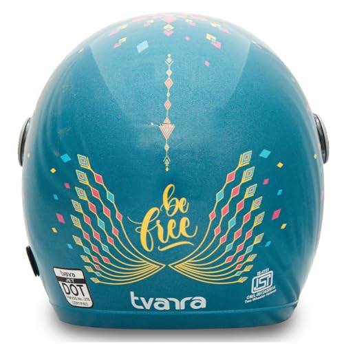 Image of TVARRA Dreamcatcher Women's Open Face Helmet with Printed Design, ISI Certified, Lightweight Material, Crafted for Women, Extreme Comfort fit with Clear Visor(Ocean Blue,M)