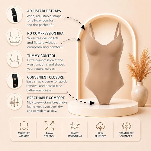 Image of Tummy Control Shapewear Bodysuit for Women, Seamless Body Shaper Thong, Brief or Mid-Thigh Faja, Sculpting Slimming Bodysuits