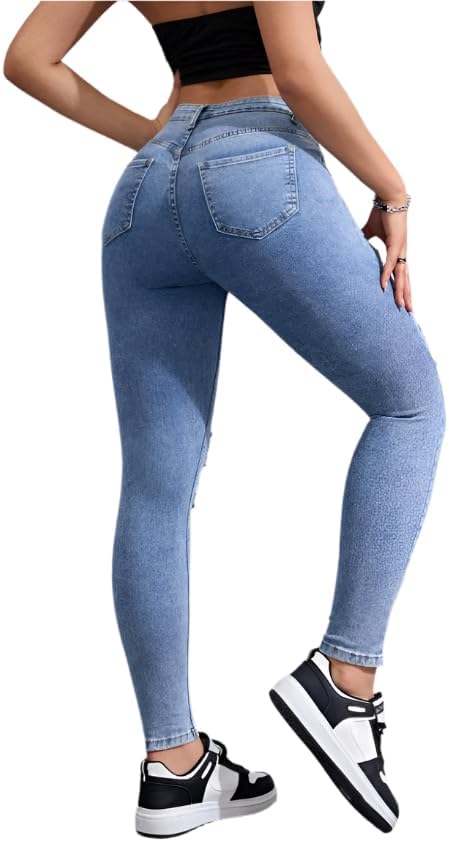 High Waist Ladder Distressed Skinny Jeans for Women – Ripped Casual Denim with Stretch Fabric