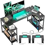 Homieasy U Shaped Computer Desk with Power Strip & LED Strip & Monitor Stand, 60 Inch L Shaped Corner Desk with Double Shelves, Space Saving Home Office Gaming Workstation with Storage (Black)
