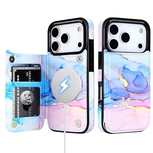 HAOPINSH Wallet Case for iPhone 17 Pro, Compatible with MagSafe Wireless Charging, Pink Blue Marble Pattern Back Flip Folio PU Leather Kickstand Card Slots Case Double Magnetic Clasp Cover 6.3"