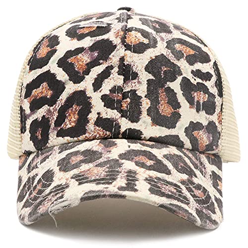 Promindfun Womens Ponytail High Messy Bun Hats Distressed Baseball Caps Unconstructed Washed Dad Hat Girls Trucker Ponycaps (10-Brown Leopard) #TOP2