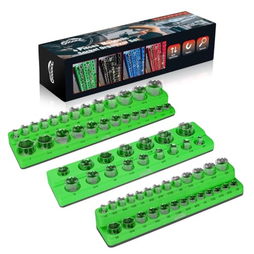 Image of GOOACC 3 PCS Magnetic Socket Organizer Set, Heavy Duty Socket Organizer Tray 1 /4 inch 3 /8 inch 1 /2 Inch SAE Impact Drive Sockets Holds 68, Magnetic Socket Holder for Tool Box Drawer Chest Garage Storage,Green