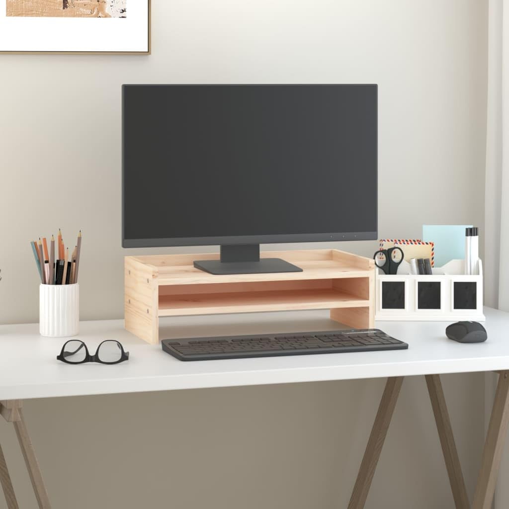 Supporto per monitor in legno di pino massiccio, 50 x 24 x 16 cm, rialzo ergonomico per PC, laptop, tablet, organizer da scrivania salvaspazio per ufficio e home office