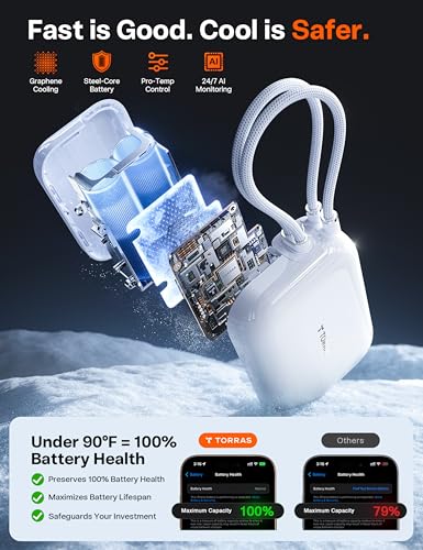 Image of TORRAS EasyGo for iPhone 17 Portable Charger 10000mAh, 45W Ultra-Ice Fast Charging USB-C Power Bank with Dual Built-in Cables, Battery Pack Compatible with iPhone 17 /16 /15 Pro, Samsung S26 S26+ Ultra