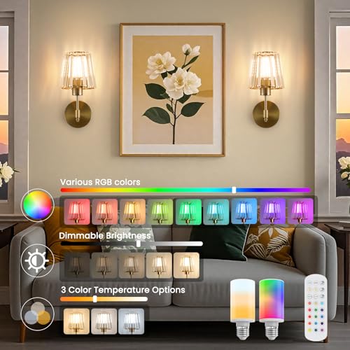 Image of EIDISUNY Battery Operated Crystal Wall Sconces Set of 2, Wireless Wall Lamp with RGB Rechargeable Dimmable Bulbs, Modern Wall Sconce with Remote for Bedroom, Living Room, Bulbs Included(Gold)