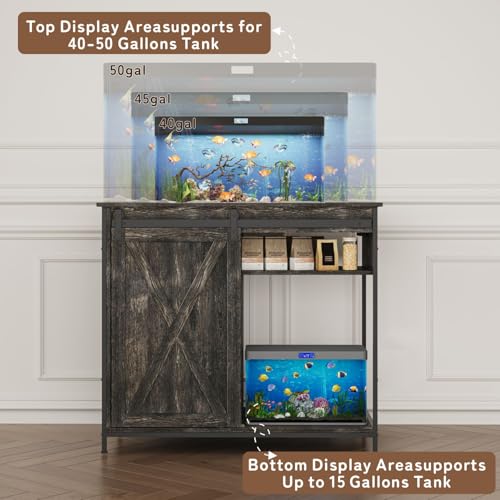 Image of 40-50 Gallon Fish Tank Stand with Sliding Barn Door & Power Outlets