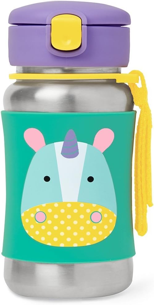 Skip Hop Toddler Sippy Cup with Straw, Zoo Stainless Steel Straw Bottle, Unicorn