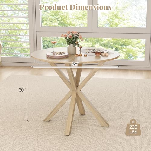 Image of Giantex 36 inch Round Dining Table for 4, Farmhouse Kitchen Table with Rubber Wood Legs, Adjustable Foot Pads, Dining Room Tables for Dinette, Small Space, Dinner, Living Room, Restaurant, Oak