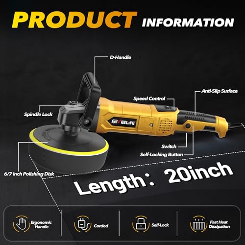 Image of GEVEELIFE Buffer Polisher, 6 Inch /7 Inch 1600W Rotary Car Buffer Polisher Waxer, 7 Variable Speed 1000-3500 RPM, Detachable Handle for Car, Boat Sanding, Polishing, Waxing(Yellow)